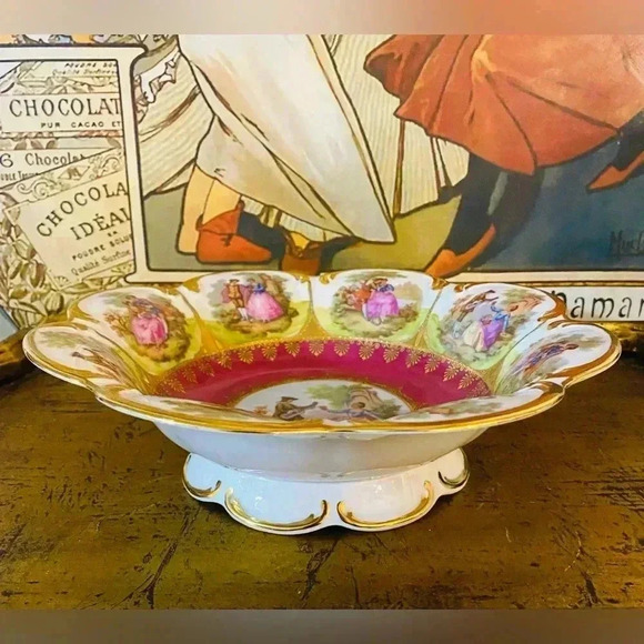 Vintage STW Bavaria 10” Raised Serving Bowl Courting Couples Porcelain Serveware - Picture 3 of 13